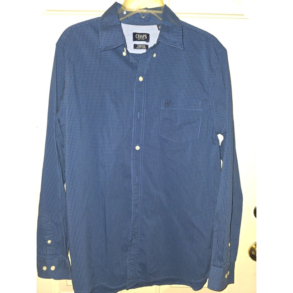 Chaps Mens L Blue Check Button Down Shirt Stretch Easy Care Long Sleeve
